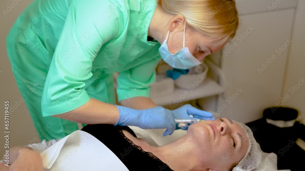 Beautician making neurotoxin injection to client, rejuvenation procedure, mesotherapy. Cosmetology cabinet, medical procedures, skin rejuvenation, wrinkle lifting Beautician making neurotoxin injection to client, rejuvenation procedure, mesotherapy. Cosmetology cabinet, medical procedures, skin rejuvenation, wrinkle lifting