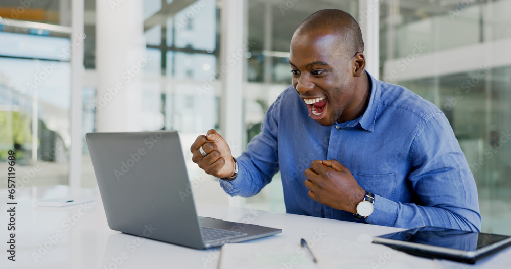Business man, winner and computer for success, winning and goals of stock market increase, sales or profit. Professional african trader with yes and wow for email news or trading on laptop in office Business man, winner and computer for success, winning and goals of stock market increase, sales or profit. Professional african trader with yes and wow for email news or trading on laptop in office