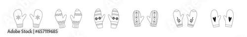 Knitted winter mittens and gloves clipart. Line art, outline drawing. Doodles. Winter accessorize. Cozy season. Christmas and New Year. 