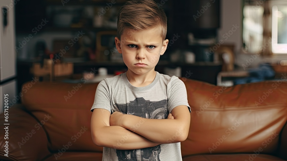 Upset Young Boy with Arms Crossed in a Family Living Room Upset Young Boy with Arms Crossed in a Family Living Room