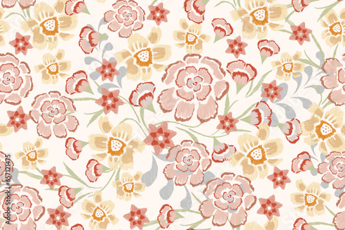 Pink Floral Ikat pattern seamless paisley embroidery with wild rose flower motifs. Ethnic pattern oriental batik style. vector illustration design. flower frame border background.