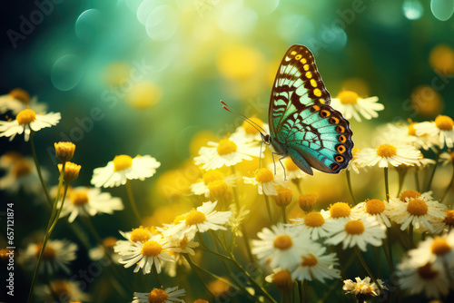 Butterfly on camomile flowers. Summer nature background.