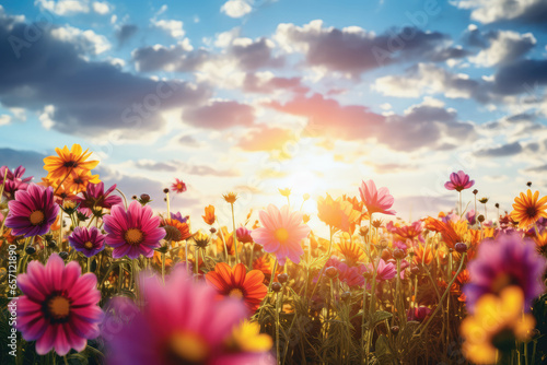 Colorful flowers in the field at sunset. Beautiful nature background.