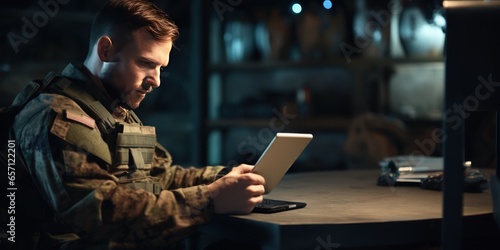 Reconnaissance and viewing of satellite data. A soldier uses a tablet PC. Strategic planning of operations based on satellite tracking systems. Modern warfare.