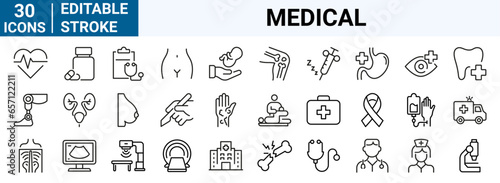 Set of outline icons healthcare medical. Medical care. Dermatology, gynecology, oncology, dentistry. Editable stroke Vector illustration.