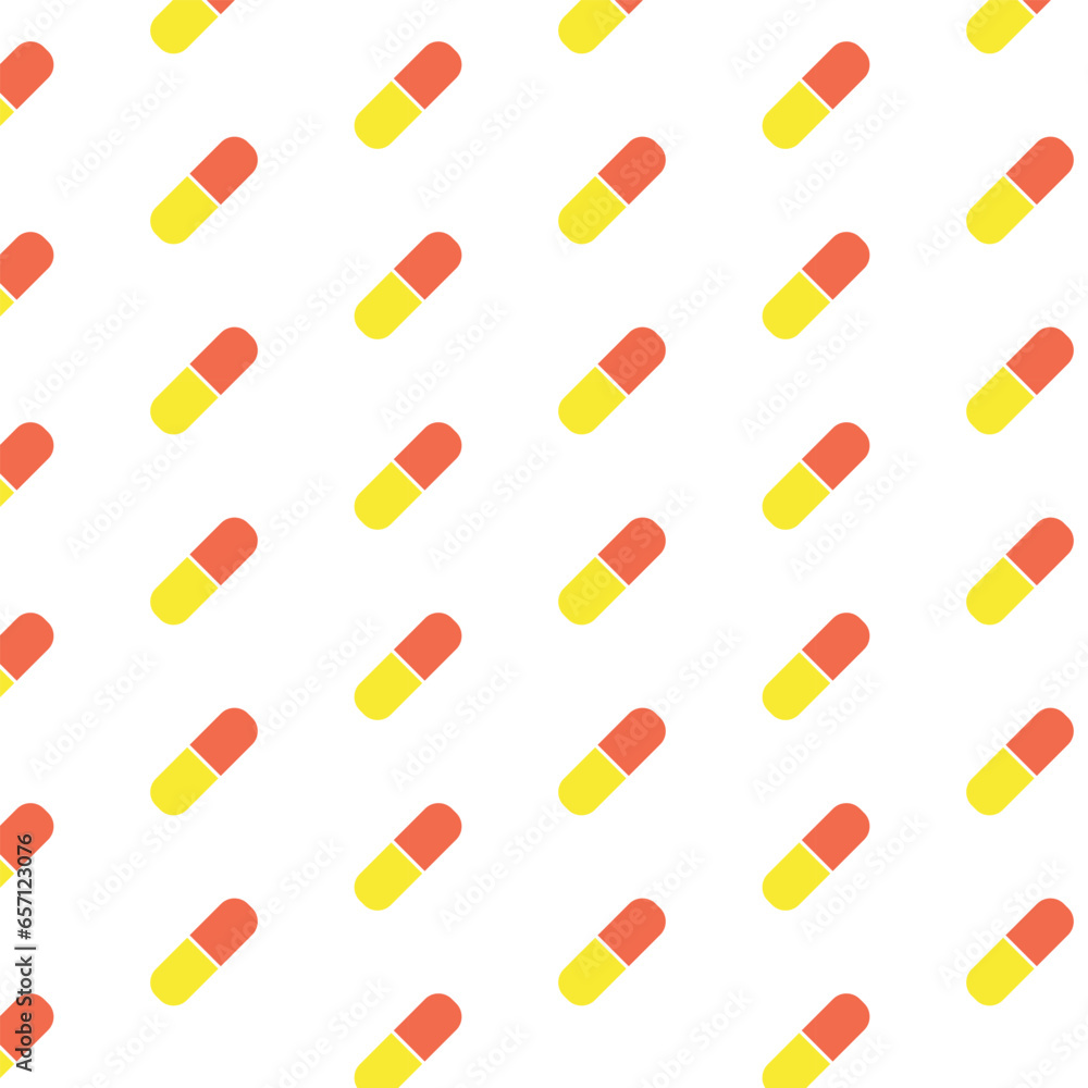 Pill regular seamless pattern. Red yellow capsule repeat on white background. SHOTLISThealth Pill regular seamless pattern. Red yellow capsule repeat on white background. SHOTLISThealth