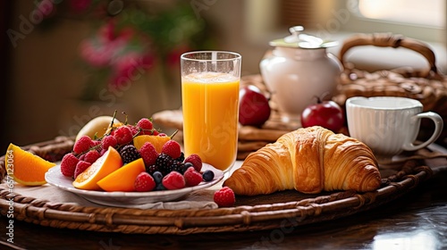 continental breakfast, croissant with coffee and juice, ai generated