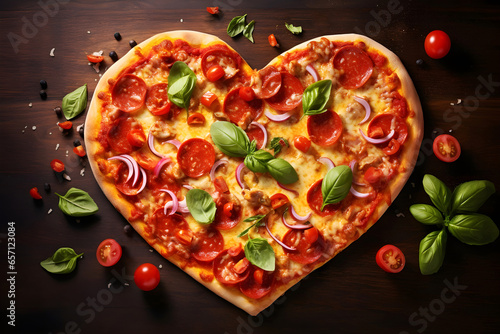 Heart shape pepperoni pizza with fresh basil on dark wooden background, top view. Romantic meal for date or Saint Valentines Day