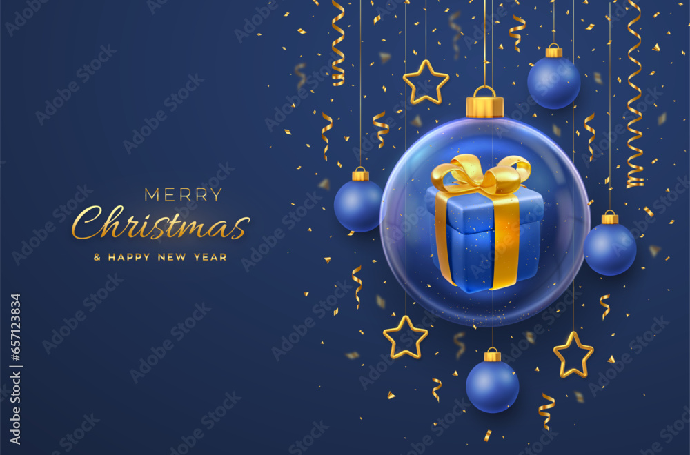 Merry christmas greeting card. Gift box with golden bow in a glass bauble. Christmas blue background with hanging gold stars and balls. Holiday Xmas, New Year banner, flyer. Vector Illustration. Merry christmas greeting card. Gift box with golden bow in a glass bauble. Christmas blue background with hanging gold stars and balls. Holiday Xmas, New Year banner, flyer. Vector Illustration.