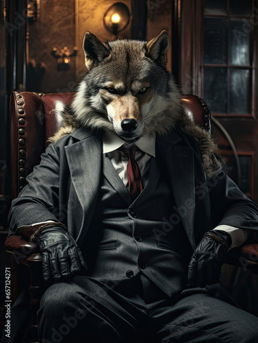Portrait of a wolf in a business suit sitting in a leather chair