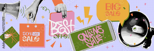 Halftone Collage elements of hands holding paper bags, sale tag, telephone with advertising mailing and megaphone decorated with abstract doodle elements. Retro Black Friday Vector design.