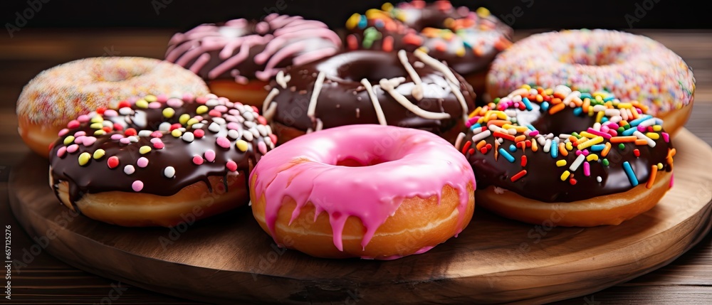Donuts with chocolate, sugar glaze and sprinkles, sweet dessert, ai generated