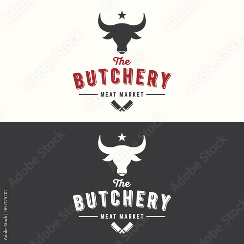 Vintage butcher template logo with knife, fresh beef. Logo for business, butcher shop, restaurant, badge and label.