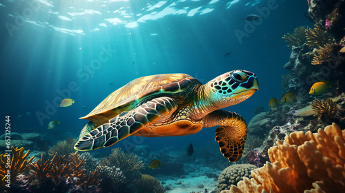  turtle is happy to be alive and enjoying swimming over the tropical warm deep blue ocean is the perfect habitat for this relaxed little creature generative with ai © Hamida
