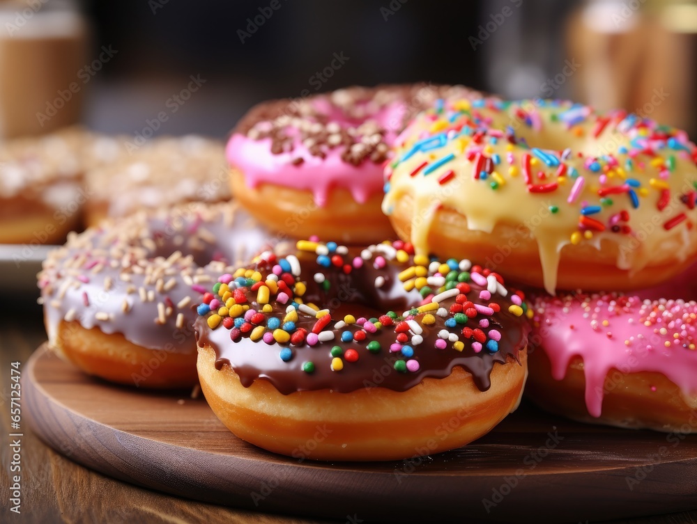 Donuts with chocolate, sugar glaze and sprinkles, sweet dessert, ai generated Donuts with chocolate, sugar glaze and sprinkles, sweet dessert, ai generated