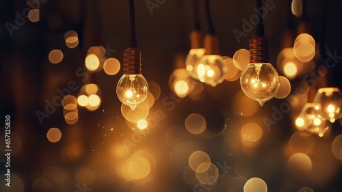 Light bulbs with warm yellow light on abstract blurred background. Generative AI
