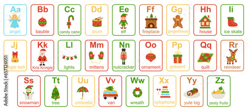 Fototapeta Naklejka Na Ścianę i Meble -  Christmas alphabet flash cards for preschool learning. Cartoon abc vector.