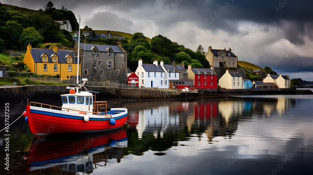Capture the quaint allure of a coastal Scottish village with colorful cottages and fishing boats bobbing in the harbor. It's an awesome village on the Scottish coast.
