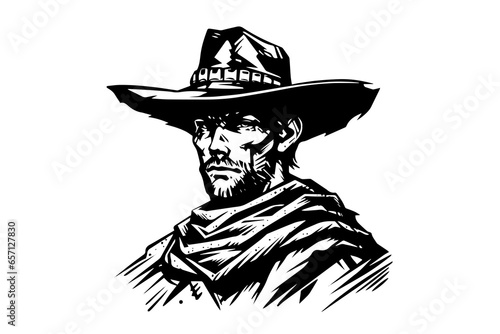 Cowboy sheriff bust or head on hat in engraving style. Hand drawn ink sketch. Vector illustration
