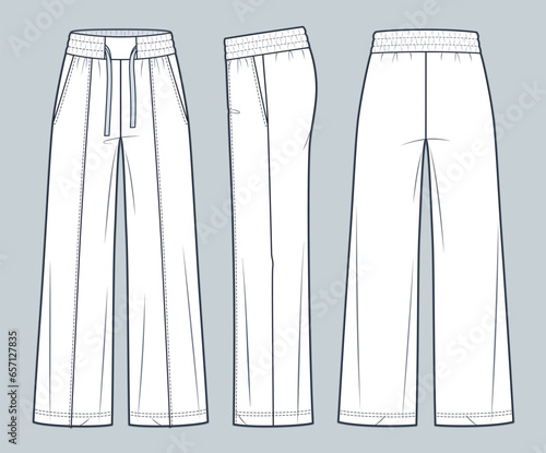 Wide leg Pants fashion flat technical drawing template. Sweat Pants with arrows technical fashion illustration, elastic waistband, front, side and back view, white, women, men, unisex CAD mockup.