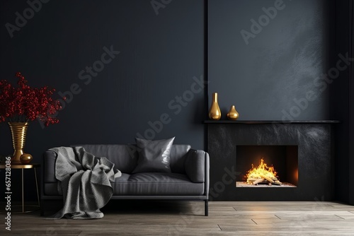 Home interior, luxury modern dark living room interior, black empty wall mock up, 3d render, Generative AI