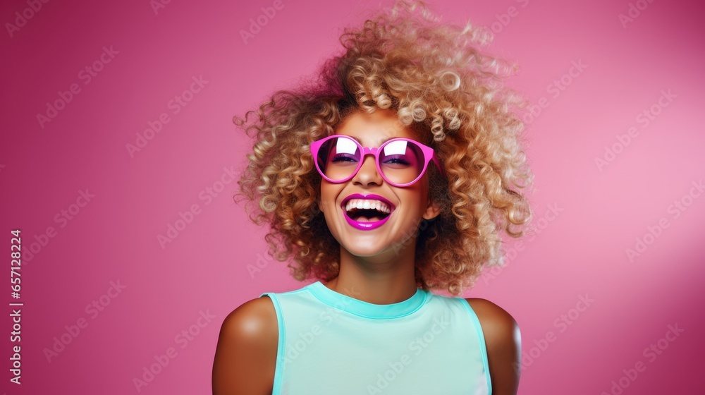 Beauty African American girl with afro blond hair laughing, happy and funny woman laughing wearing colorful fashion glasses, Generative AI