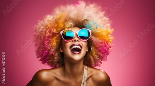 Wallpaper Mural Beauty African American girl with afro blond hair laughing, happy and funny woman laughing wearing colorful fashion glasses, Generative AI Torontodigital.ca