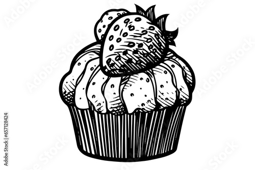 Cupcake with strawberry hand drawn ink sketch. Engraved style retro vector illustration