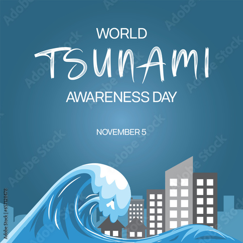 World Tsunami Awareness Day design with big tsunami wave struck the town coast. Vector illustration