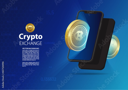 Abstract Electronic cryptocurrency and modern technology background. Bitcoin and blockchain. Crypto exchange. Future image. Online banking, and financial communications.