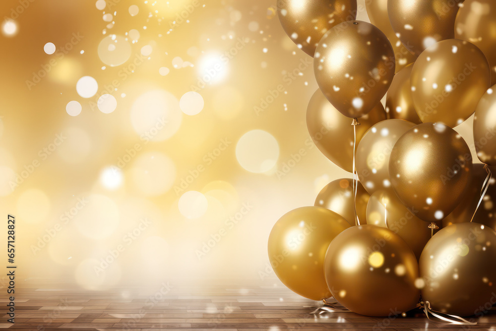 Golden Balloon Celebration: A Festive Party Scene with Shimmering Background