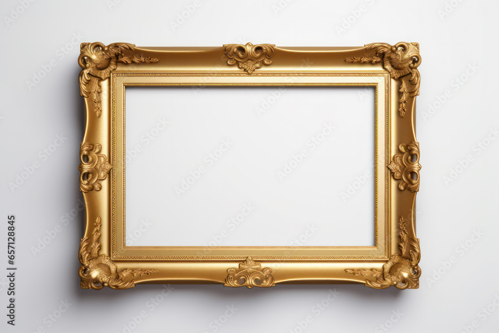 Golden Elegance: Decorative Photo Frame Adorning a Crisp White Wall Golden Elegance: Decorative Photo Frame Adorning a Crisp White Wall