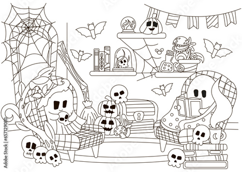 Halloween cozy indoor interior of room with ghost characters sitting in armchairs and reading books coloring page