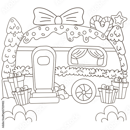 Christmas coloring page with camping vehicle with christmas decoration and christmas tree