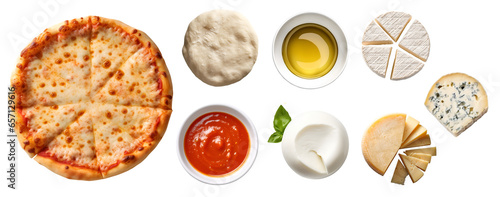 Four cheese Pizza with ingredients, Tomato paste sauce, Mozzarella Gorgonzola blue goat cheese, olive oil, dough on transparent background cutout, PNG file. Mockup template for artwork design