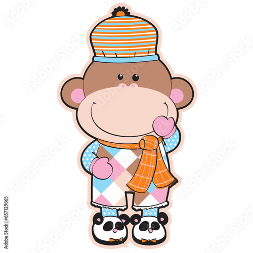 cute monkey with warm clothes, scarf, slippers and cap, colorful, the little monkey is beautiful. Background transparent