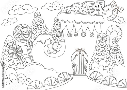 Christmas elf boot house with chritmas sweets and gingerbread man and lollipops coloring page for kids and adults