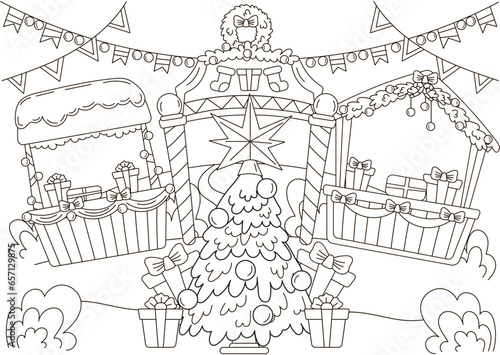 Christmas town fair with christmas tree and gifts coloring page for kids and adults