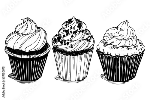 Set of cupcake hand drawn ink sketch. Engraved style retro vector illustration