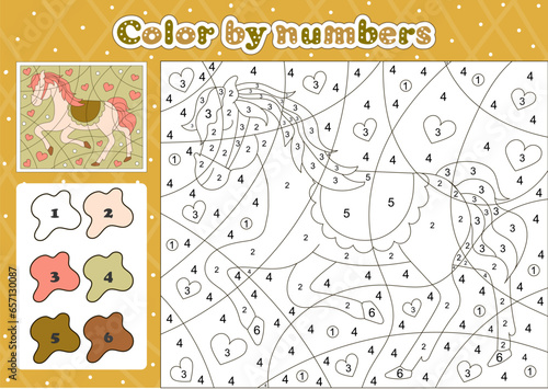 Fairy tale themed coloring page by number for kids with cute horse character