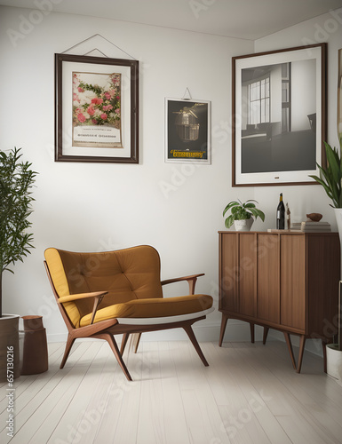 Poster frame mockup in home interior with old retro furniture  3d render