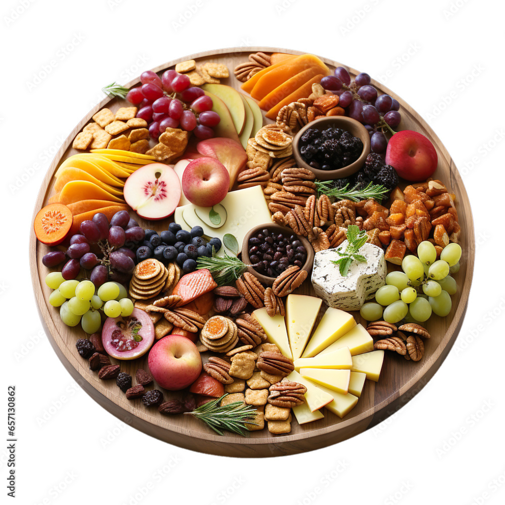 Top View of Woodland Bounty Board Food on a wooden platter isolated on transparent background.