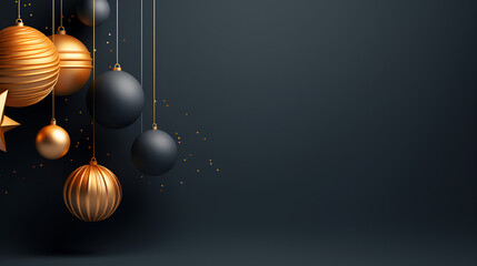 Christmas and New Year minimalistic background. Golden and black Glass Balls hanging on ribbon on black background with copy space for text. The concept of Christmas and New Year holidays