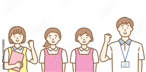 男女の若い介護スタッフがガッツポーズをするイラスト素材