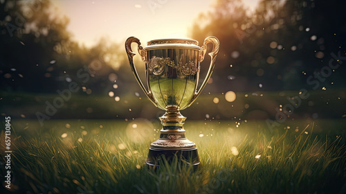 a trophy, golden on green lawn at night, light shining through a soccer trophy in the grass © Nhan