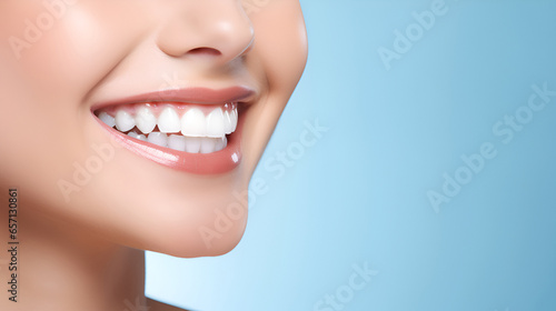 Close - up cropped of a beautiful smiling woman with white perfect teeth isolated on blue studio background with copy space. Dental care. Stomatology. Dentistry concept.