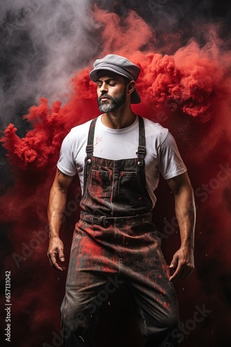 Brawny man with no beard, big arms rolled up white long sleeve shirt. wearing a red apron red painters hat and black boots covered in red and black paint bursting through red smoke