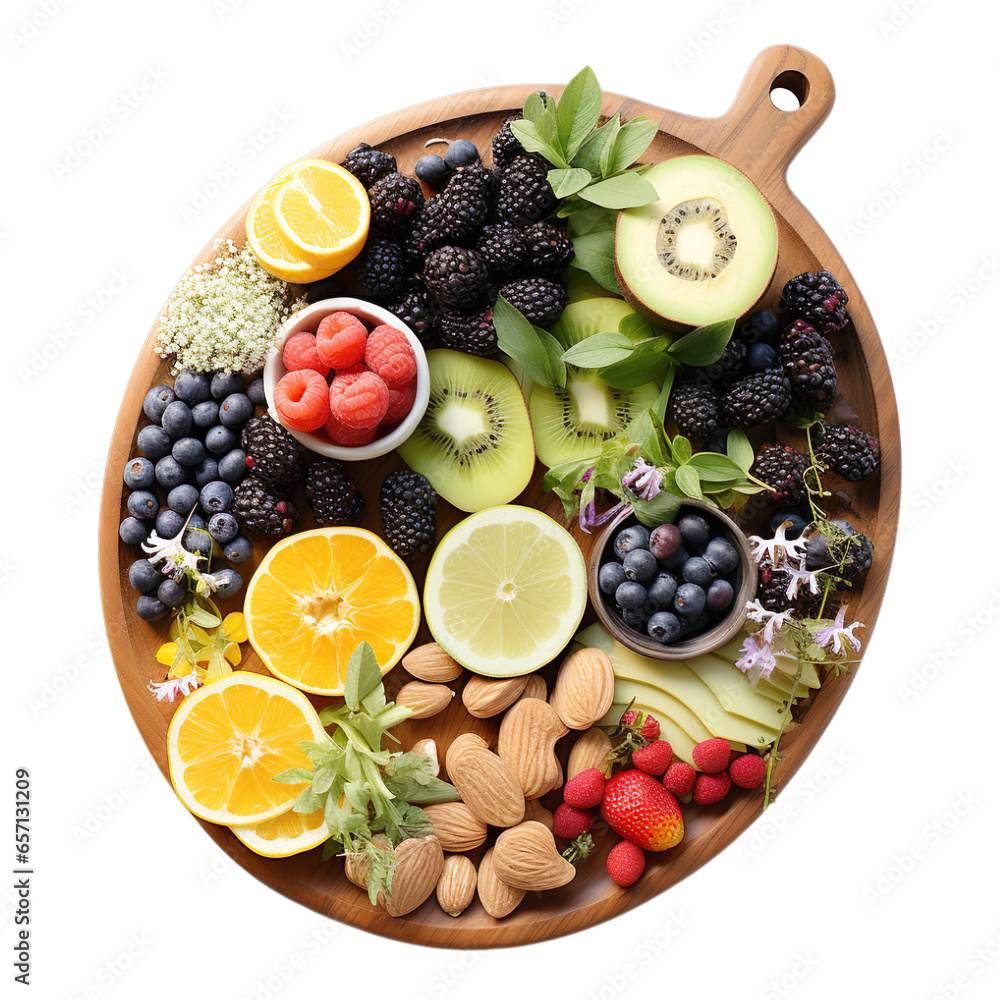 Top View of Orchard Oasis Arrangement Food on a wooden platter isolated on transparent background. Top View of Orchard Oasis Arrangement Food on a wooden platter isolated on transparent background.