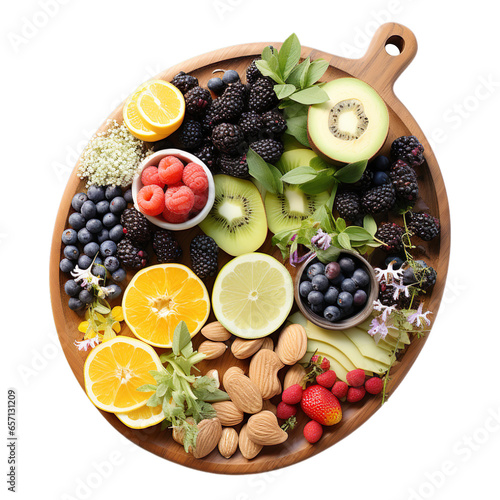 Top View of Orchard Oasis Arrangement Food on a wooden platter isolated on transparent background.