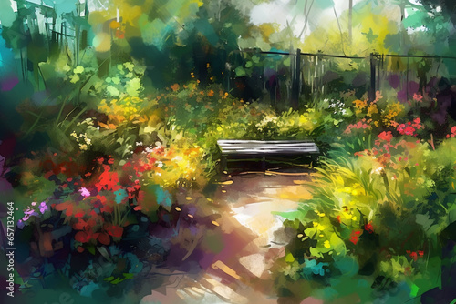 Watercolor painting of a bench in a garden with colorful flowers.